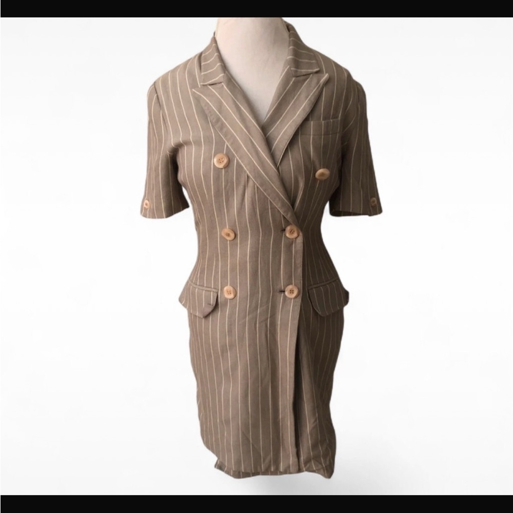 Atrium Vintage Double Breasted Blazer Dress Pinstripe Short Sleeve Brown Tan